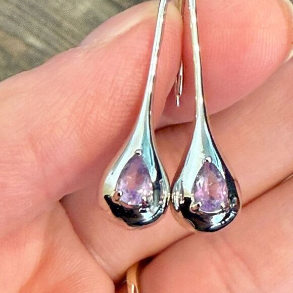 Sterling Silver Amethyst Teardrop Drop Earrings New - Picture 3 of 5